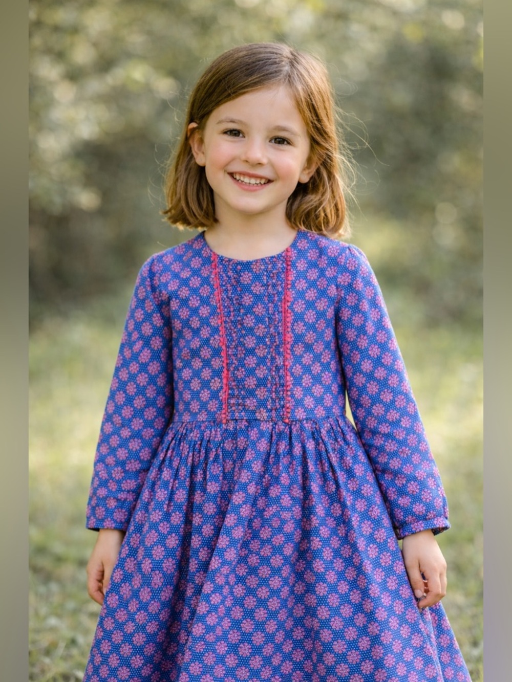 Sophie Catalou Girls Dress Sz 7/8 Blue Polka Dot Pink Floral Cotton Button Back